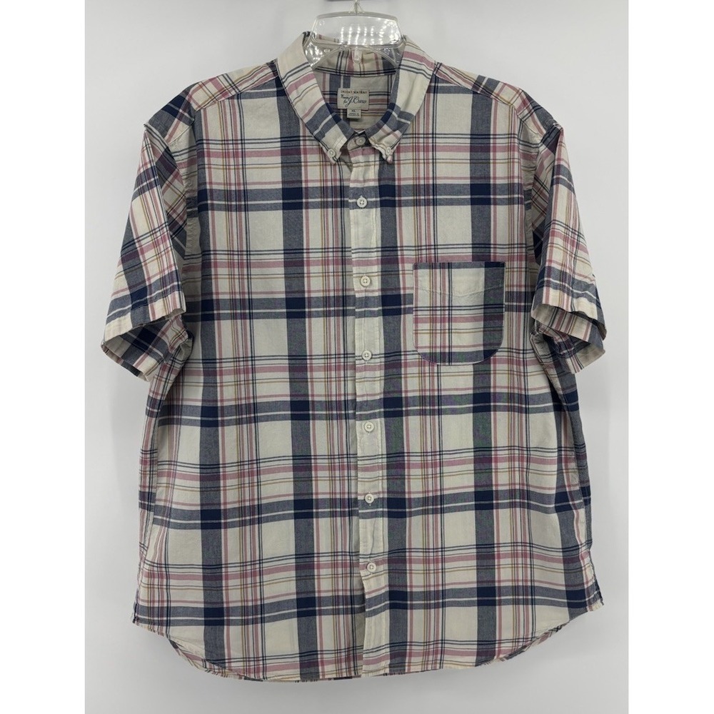 J.Crew Indian Madras Plaid Short Sleeve Button Down Mens XL, Cream/Navy Classic